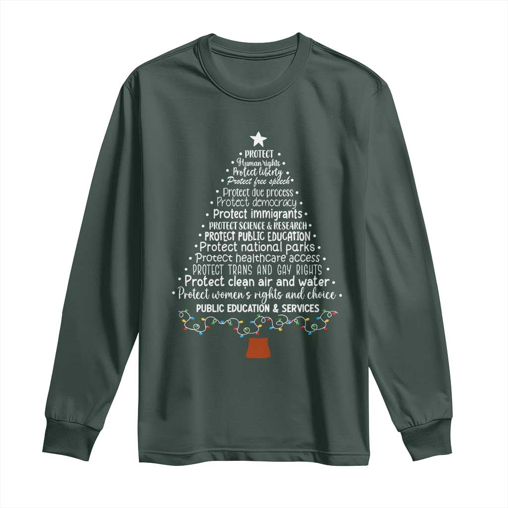 Protect Democracy Christmas Tree Long Sleeve Shirt Anti Fascism Social Justice TS10 Dark Forest Green Print Your Wear