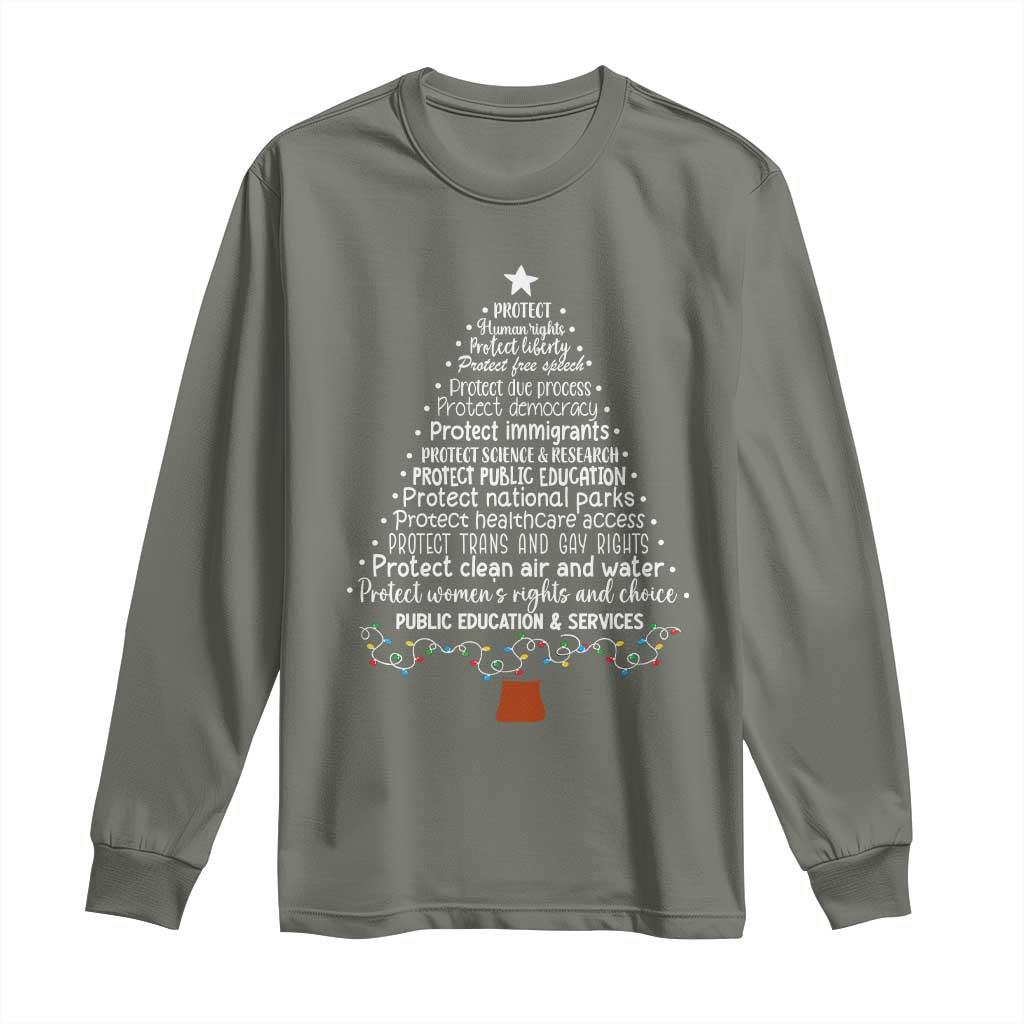 Protect Democracy Christmas Tree Long Sleeve Shirt Anti Fascism Social Justice TS10 Military Green Print Your Wear