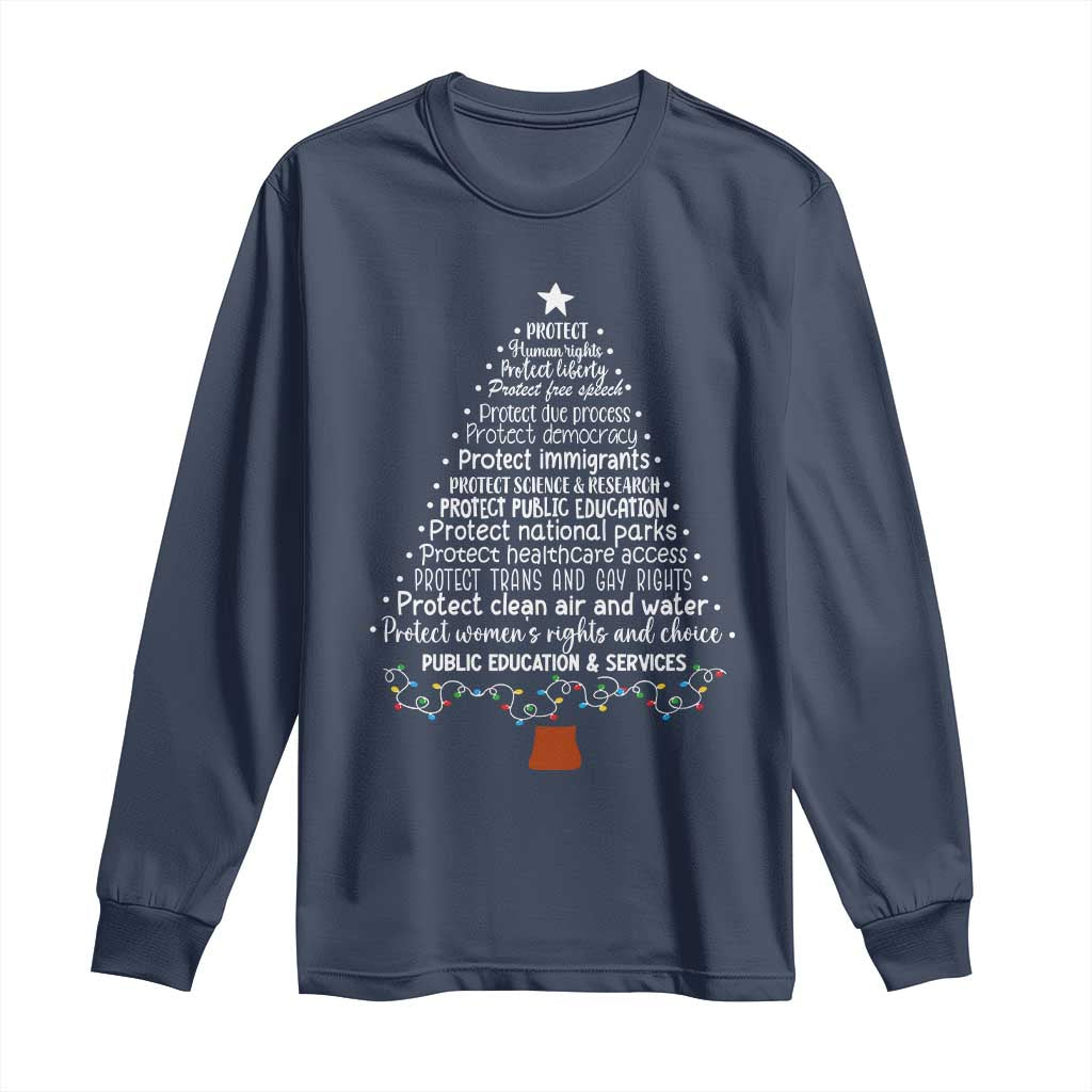 Protect Democracy Christmas Tree Long Sleeve Shirt Anti Fascism Social Justice TS10 Navy Print Your Wear