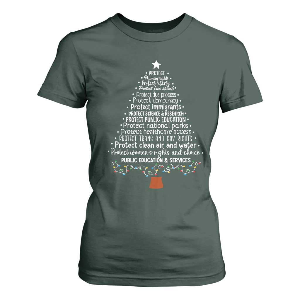 Protect Democracy Christmas Tree T Shirt For Women Anti Fascism Social Justice TS10 Dark Forest Green Print Your Wear