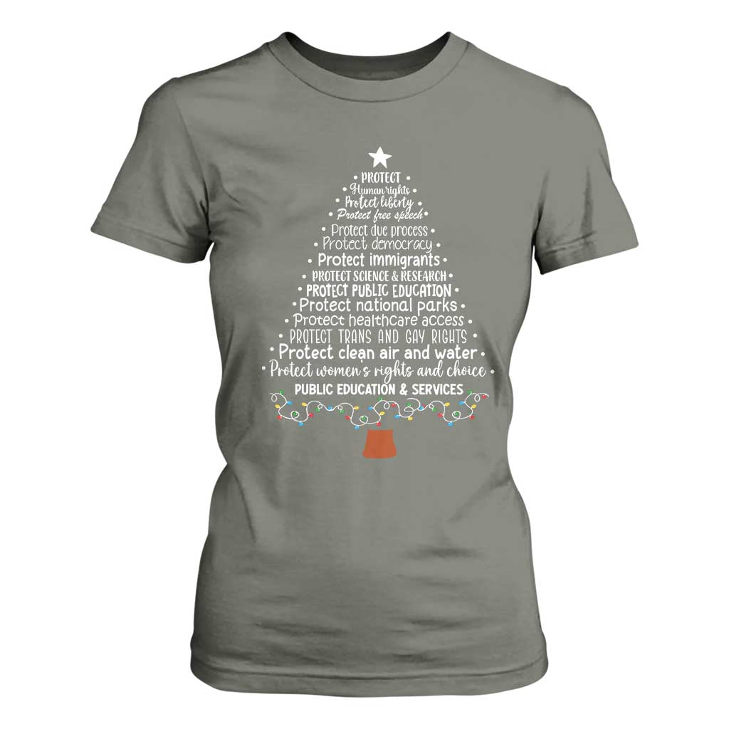 Protect Democracy Christmas Tree T Shirt For Women Anti Fascism Social Justice TS10 Military Green Print Your Wear