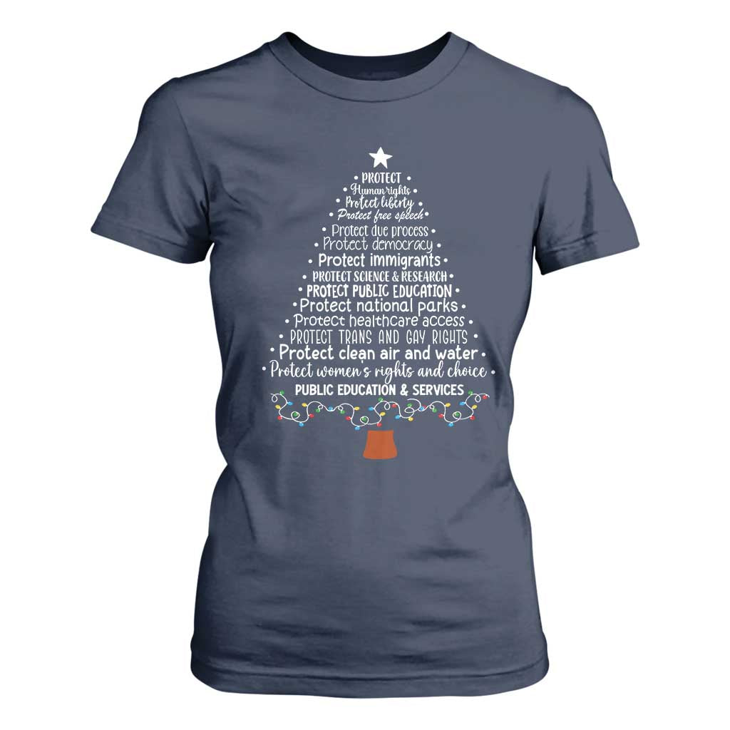 Protect Democracy Christmas Tree T Shirt For Women Anti Fascism Social Justice TS10 Navy Print Your Wear