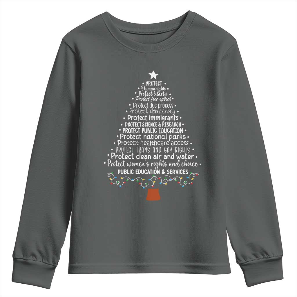 Protect Democracy Christmas Tree Youth Sweatshirt Anti Fascism Social Justice TS10 Dark Heather Print Your Wear