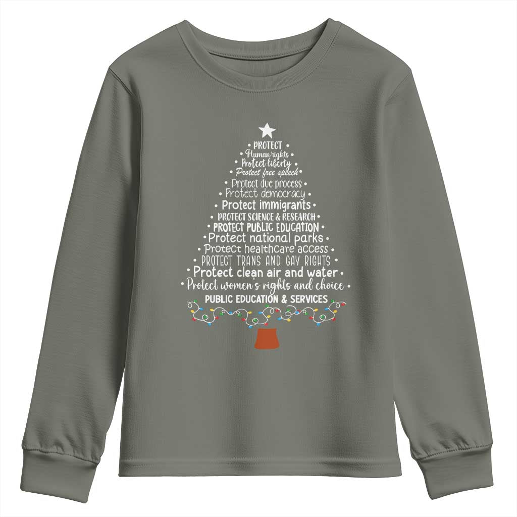 Protect Democracy Christmas Tree Youth Sweatshirt Anti Fascism Social Justice TS10 Military Green Print Your Wear