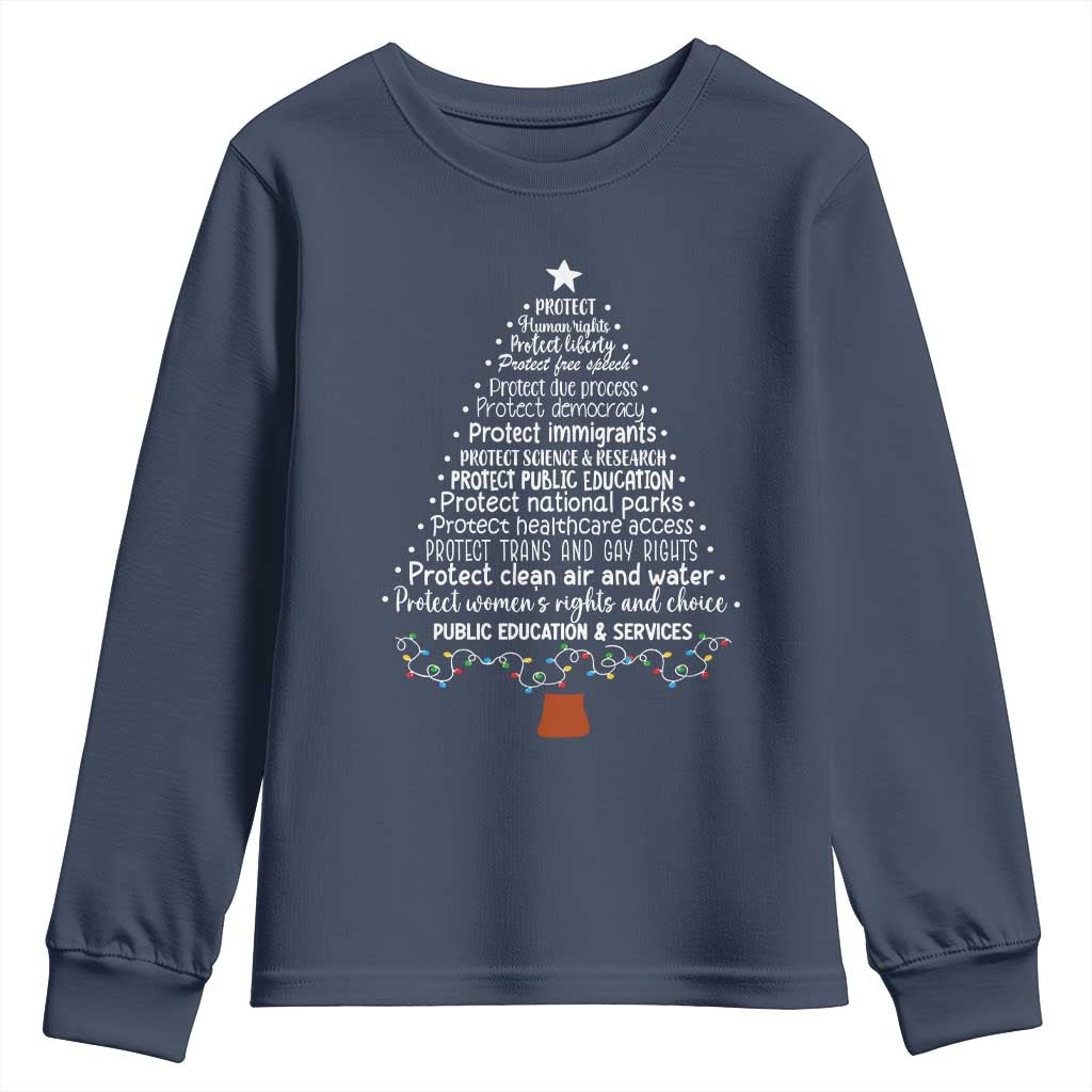 Protect Democracy Christmas Tree Youth Sweatshirt Anti Fascism Social Justice TS10 Navy Print Your Wear