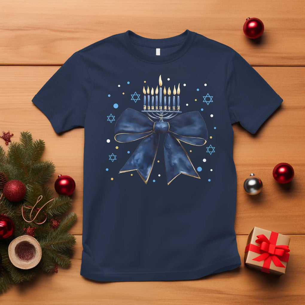 Happy Hanukkah T Shirt Coquette Hanukkah Bow Jewish Menorah TS10 Navy Print Your Wear