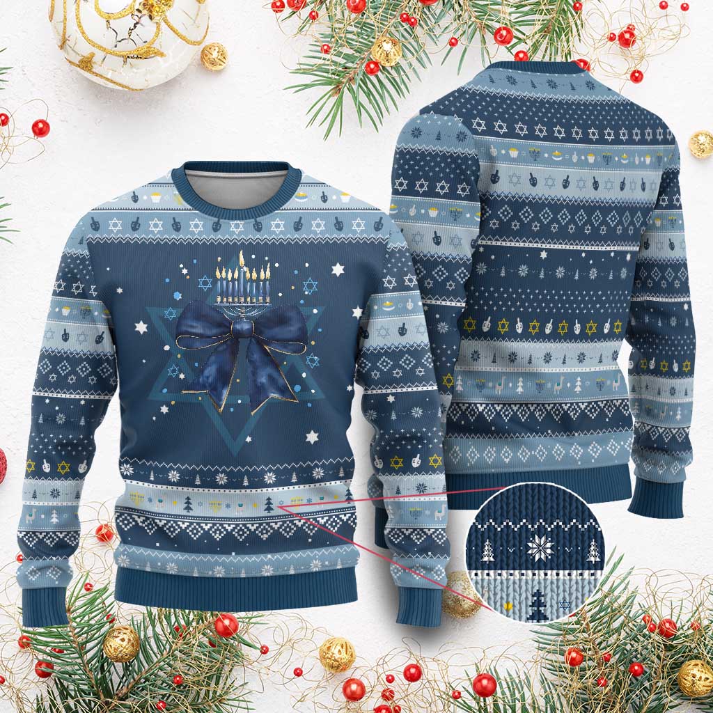 Happy Hanukkah Ugly Sweater Coquette Bow Jewish Menorah TS10 Navy Light Blue Print Your Wear
