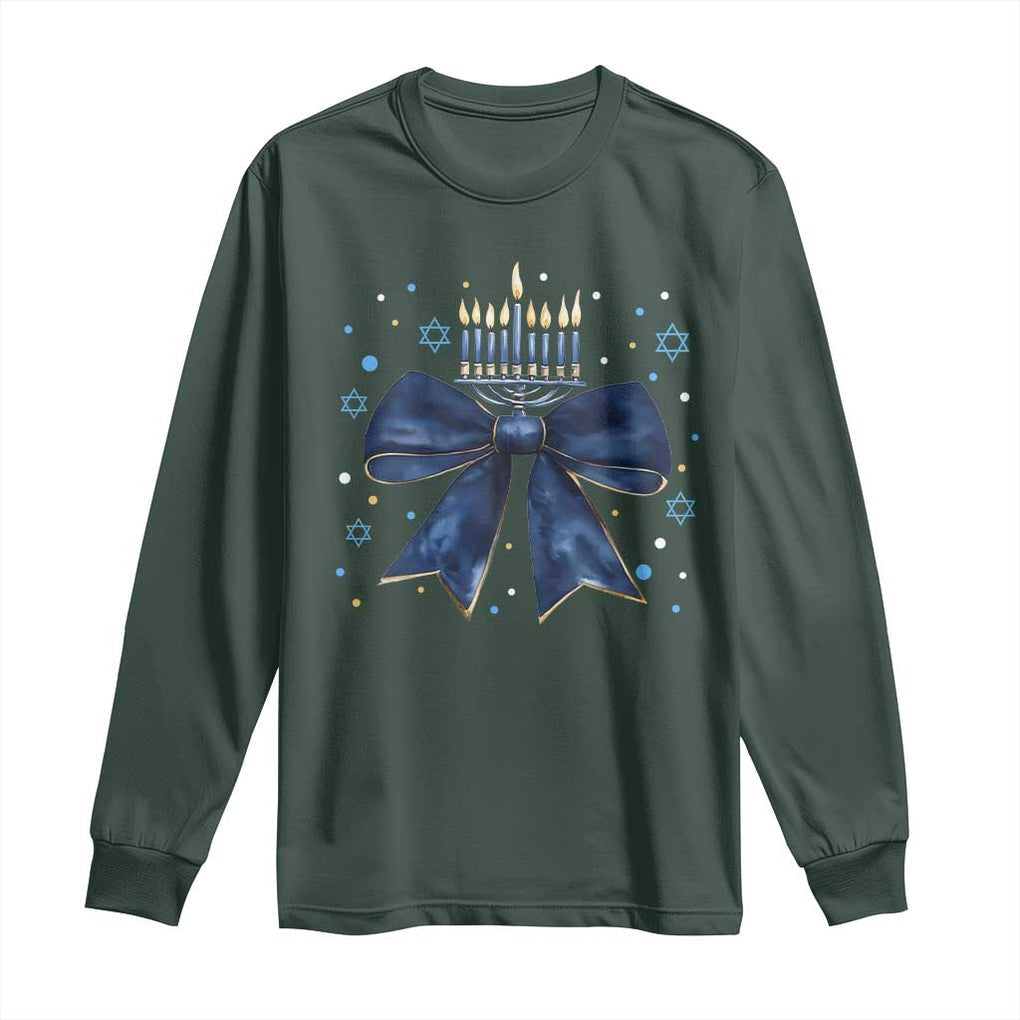 Happy Hanukkah Long Sleeve Shirt Coquette Hanukkah Bow Jewish Menorah TS10 Dark Forest Green Print Your Wear