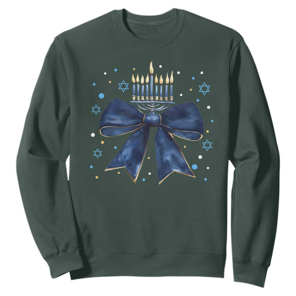 Happy Hanukkah Sweatshirt Coquette Hanukkah Bow Jewish Menorah TS10 Dark Forest Green Print Your Wear