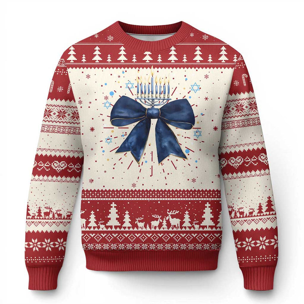 Happy Hanukkah Ugly Christmas Sweater Coquette Hanukkah Bow Jewish Menorah TS10 Red Print Your Wear