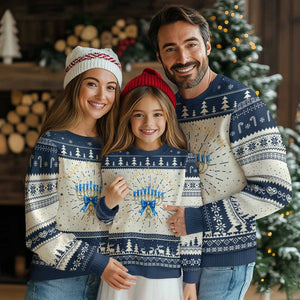 Happy Hanukkah Ugly Christmas Sweater Jewish Menorah Coquette Bow TS10 Navy Print Your Wear