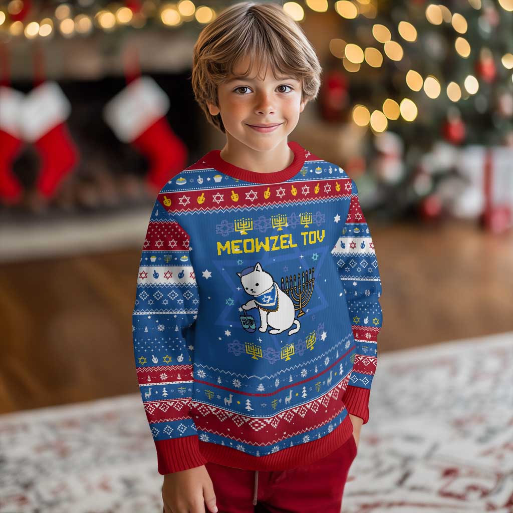 Happy Hanukkah Ugly Sweater Menorah Meowzel Tov TS10 Blue Red Print Your Wear