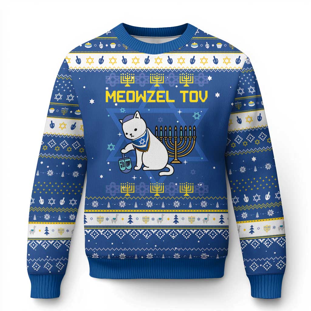 Happy Hanukkah Ugly Sweater Menorah Meowzel Tov TS10 Blue White Print Your Wear