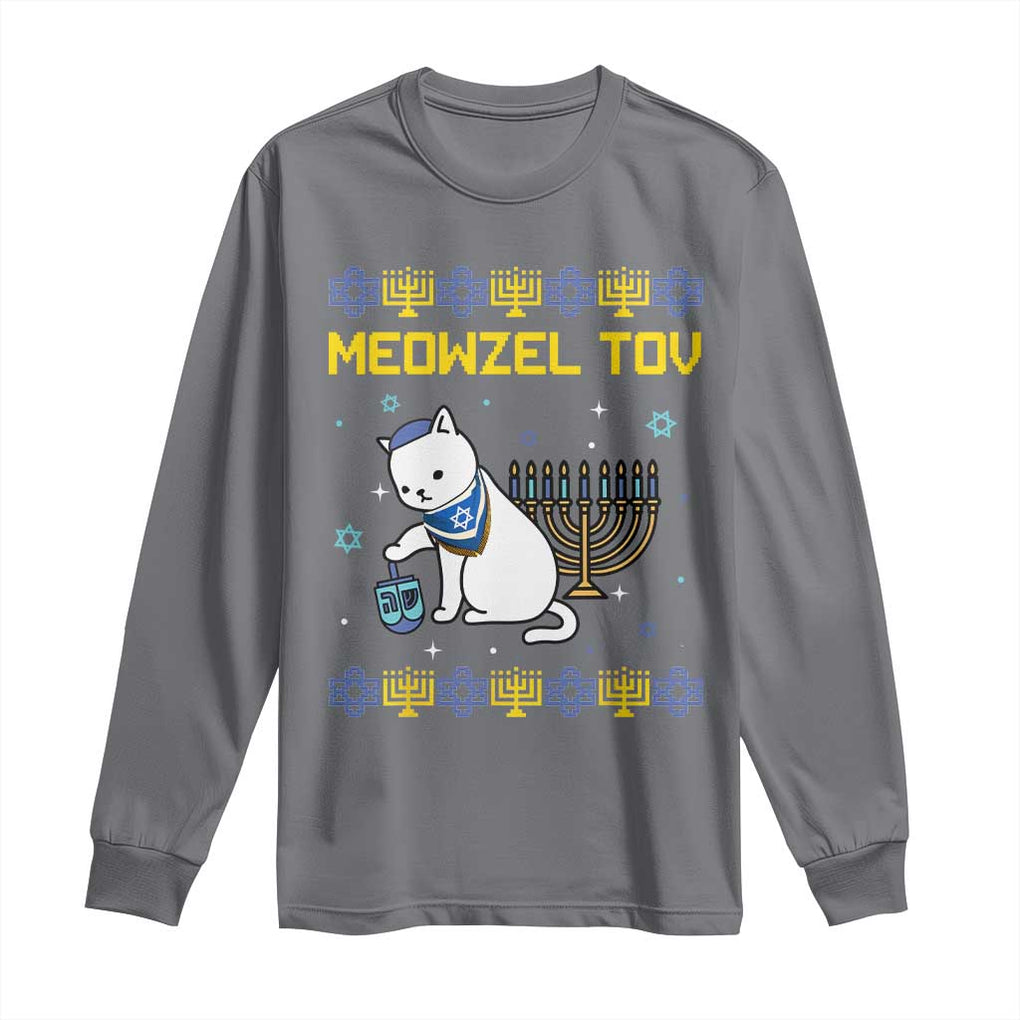 Happy Hanukkah Long Sleeve Shirt Menorah Meowzel Tov Ugly Hanukkah TS10 Charcoal Print Your Wear