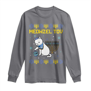 Happy Hanukkah Long Sleeve Shirt Menorah Meowzel Tov Ugly Hanukkah TS10 Charcoal Print Your Wear
