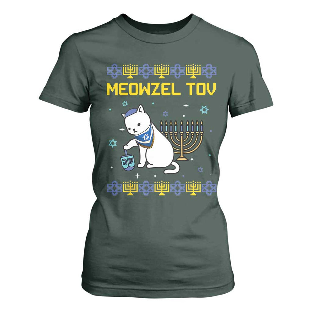 Happy Hanukkah T Shirt For Women Menorah Meowzel Tov Ugly Hanukkah TS10 Dark Forest Green Print Your Wear