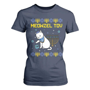 Happy Hanukkah T Shirt For Women Menorah Meowzel Tov Ugly Hanukkah TS10 Navy Print Your Wear