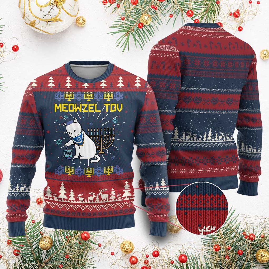 Happy Hanukkah Ugly Christmas Sweater Menorah Meowzel Tov Ugly Hanukkah TS10 Burgundy Print Your Wear