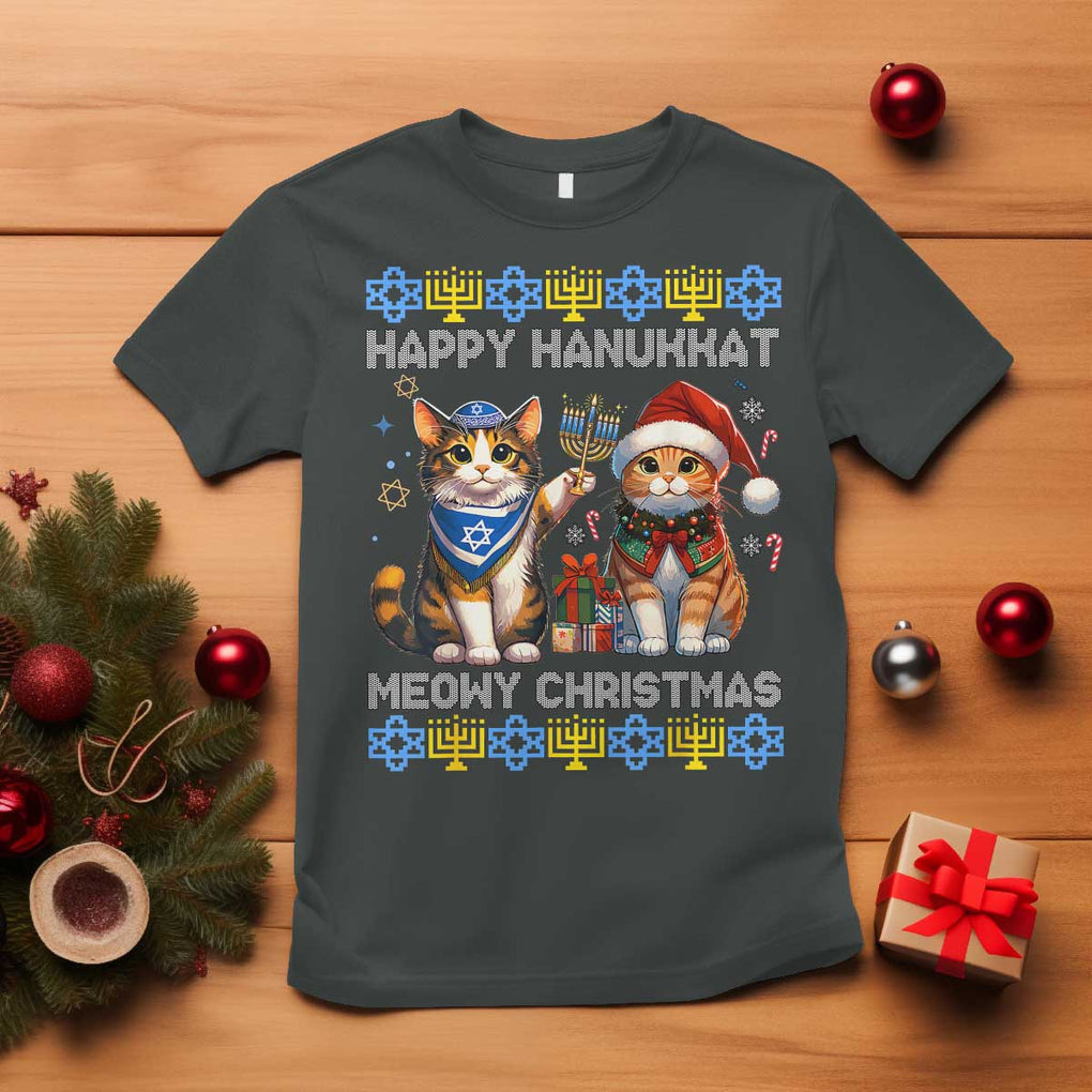 Cat Merry Christmas Happy Hanukkah T Shirt Jewish Christian Ugly Hanukkah TS10 Dark Heather Print Your Wear
