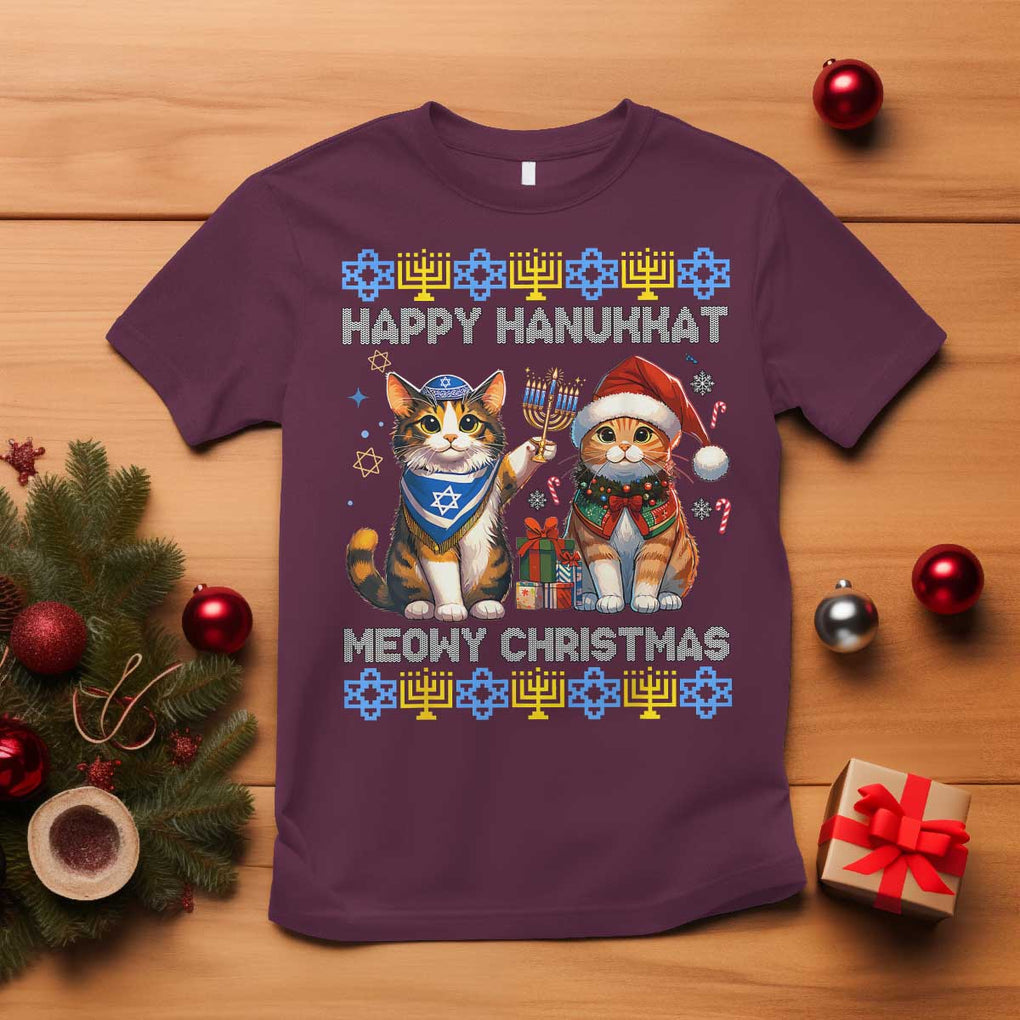 Cat Merry Christmas Happy Hanukkah T Shirt Jewish Christian Ugly Hanukkah TS10 Maroon Print Your Wear