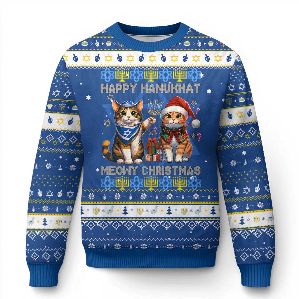 Cat Merry Christmas Happy Hanukkah Hanukkah Ugly Sweater Jewish Christian TS10 Blue White Print Your Wear