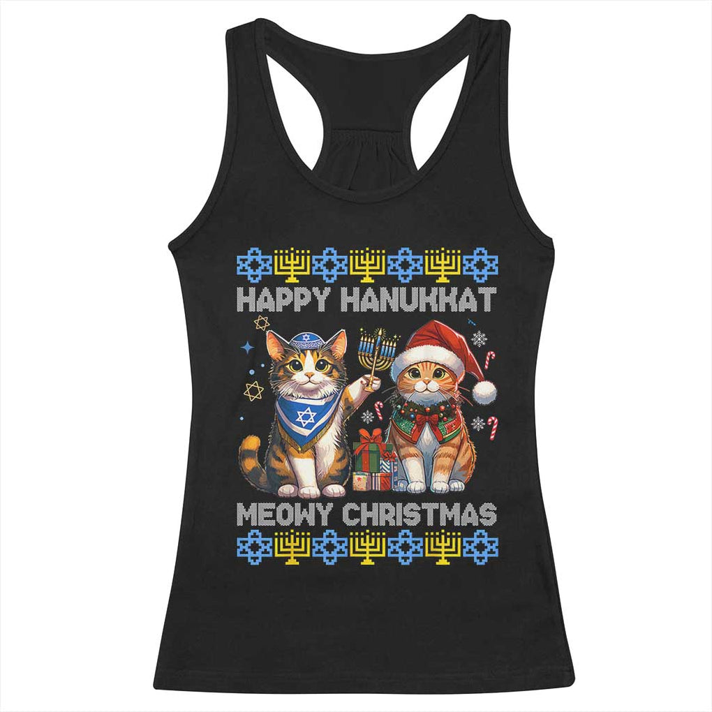 Cat Merry Christmas Happy Hanukkah Racerback Tank Top Jewish Christian Ugly Hanukkah TS10 Black Print Your Wear