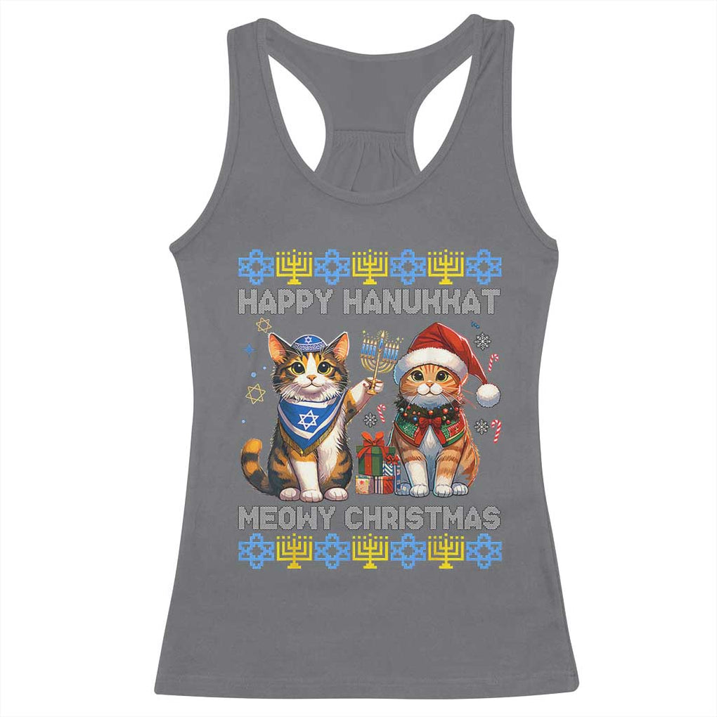 Cat Merry Christmas Happy Hanukkah Racerback Tank Top Jewish Christian Ugly Hanukkah TS10 Charcoal Print Your Wear