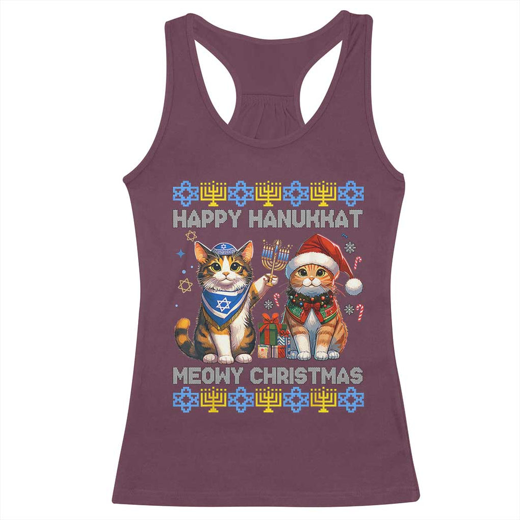 Cat Merry Christmas Happy Hanukkah Racerback Tank Top Jewish Christian Ugly Hanukkah TS10 Maroon Print Your Wear