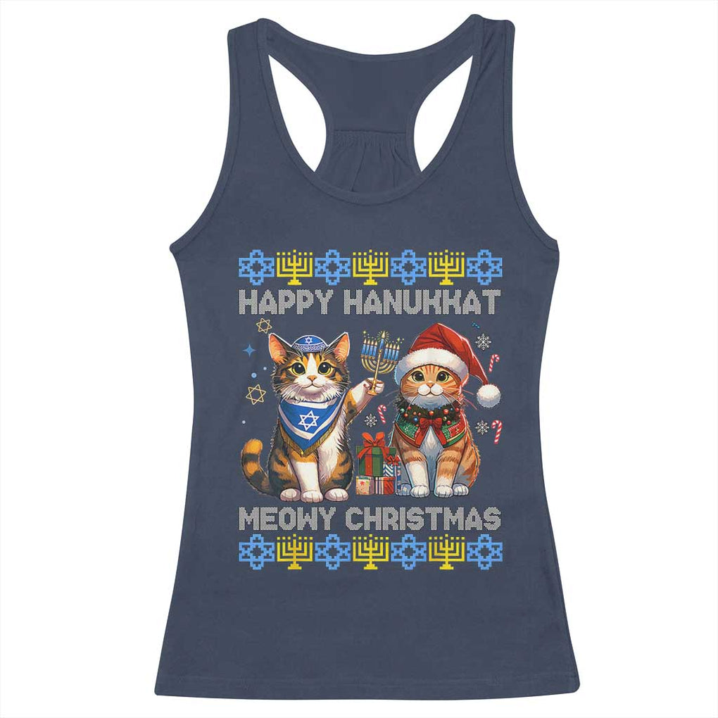 Cat Merry Christmas Happy Hanukkah Racerback Tank Top Jewish Christian Ugly Hanukkah TS10 Navy Print Your Wear