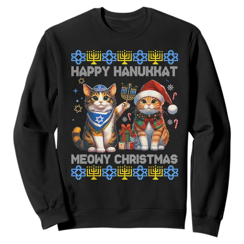 Cat Merry Christmas Happy Hanukkah Sweatshirt Jewish Christian Ugly Hanukkah TS10 Black Print Your Wear