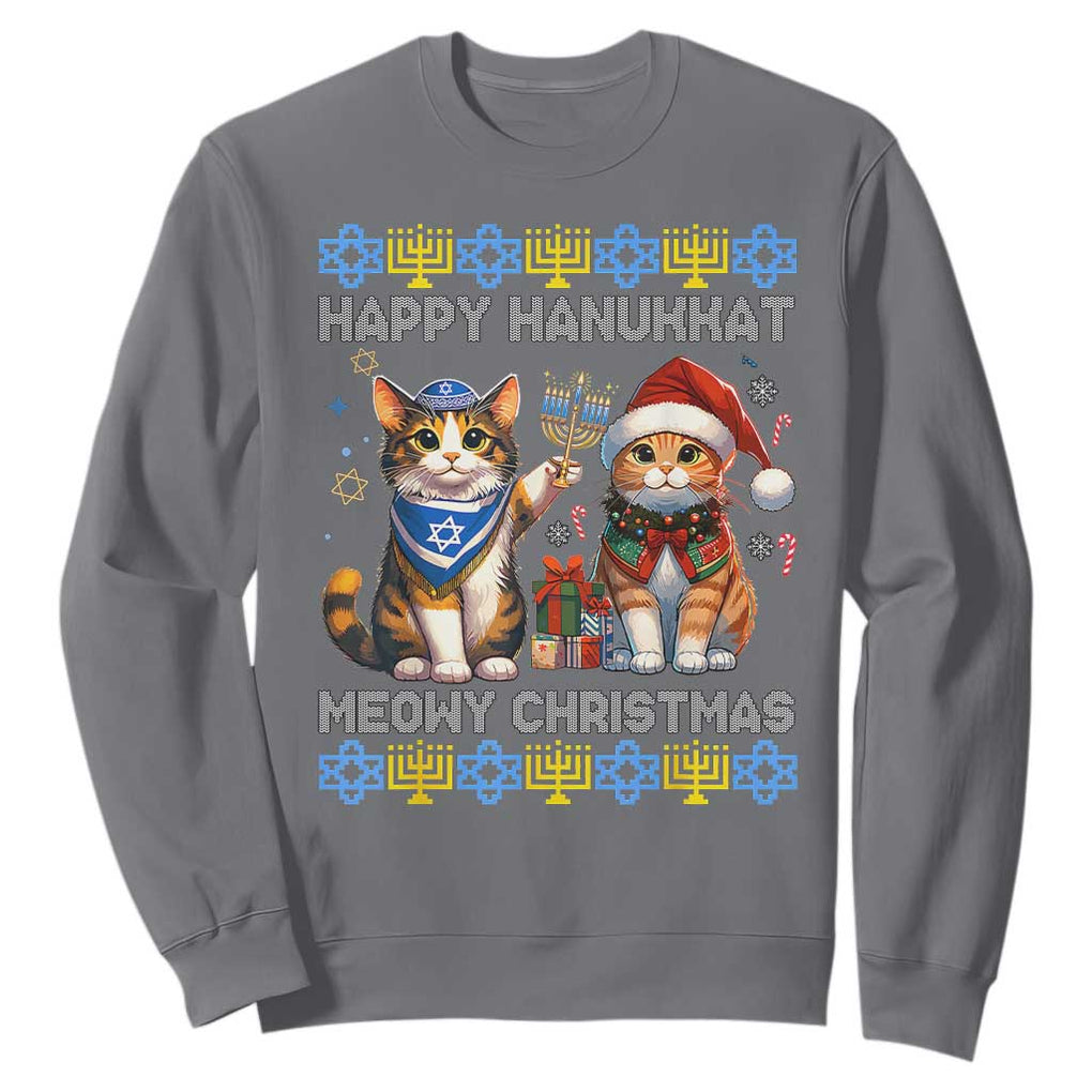 Cat Merry Christmas Happy Hanukkah Sweatshirt Jewish Christian Ugly Hanukkah TS10 Charcoal Print Your Wear
