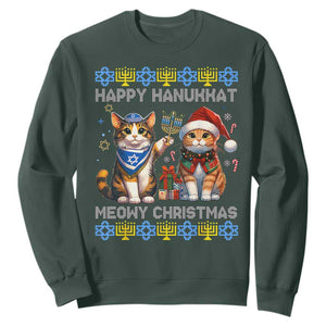 Cat Merry Christmas Happy Hanukkah Sweatshirt Jewish Christian Ugly Hanukkah TS10 Dark Forest Green Print Your Wear