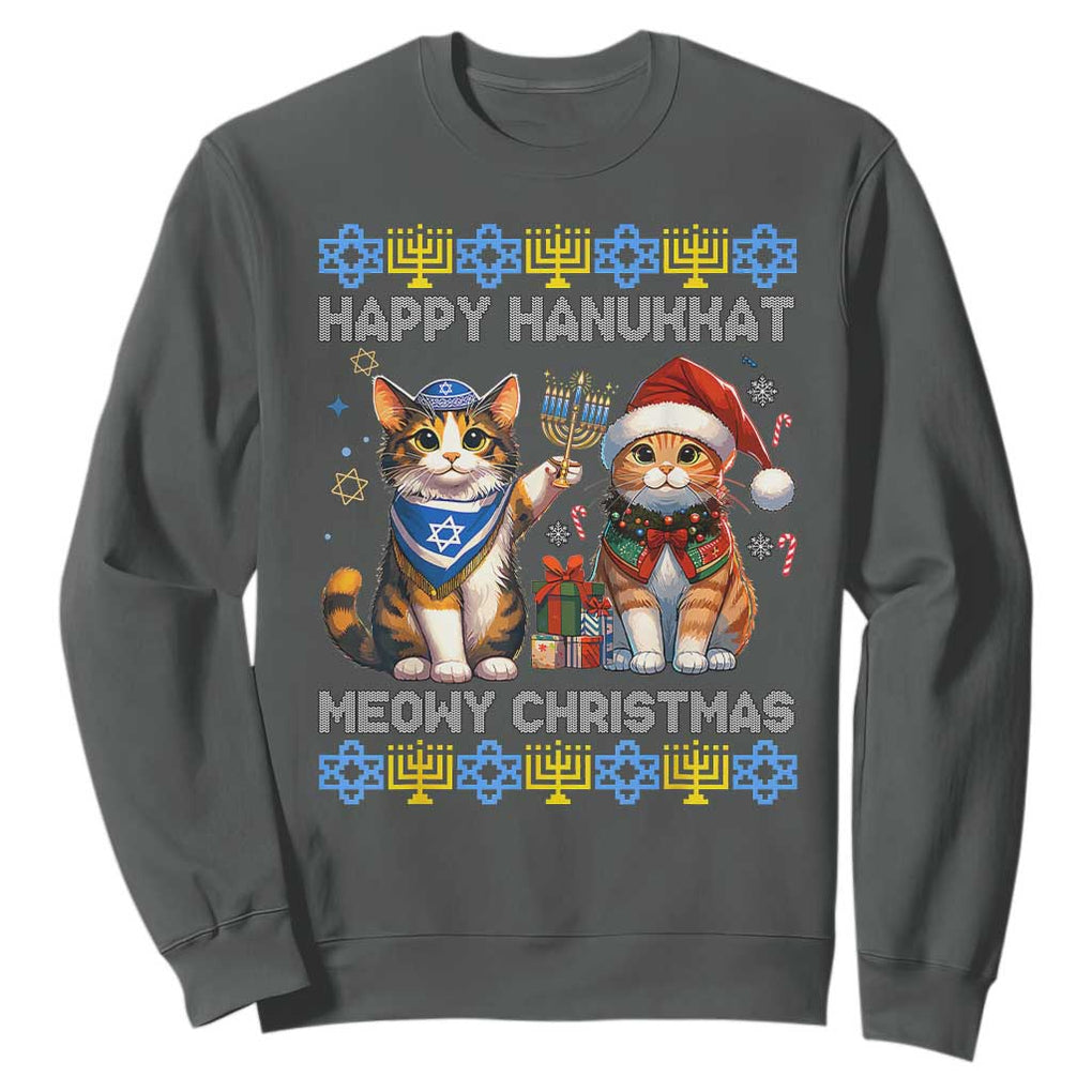 Cat Merry Christmas Happy Hanukkah Sweatshirt Jewish Christian Ugly Hanukkah TS10 Dark Heather Print Your Wear
