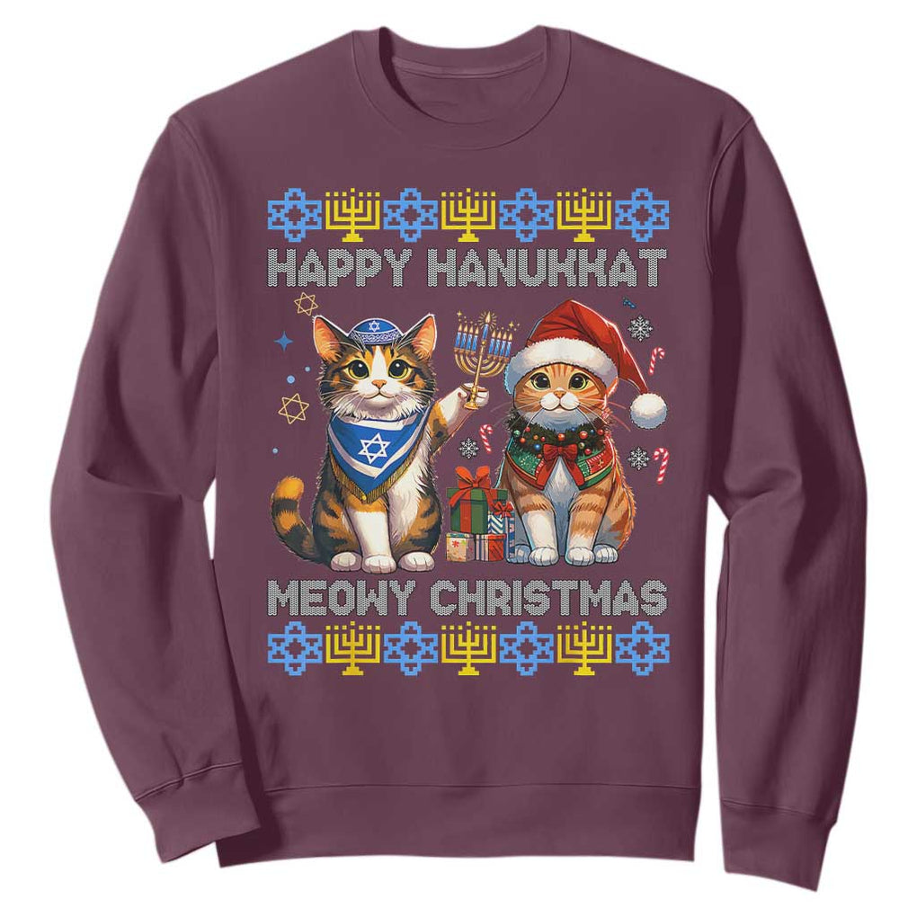 Cat Merry Christmas Happy Hanukkah Sweatshirt Jewish Christian Ugly Hanukkah TS10 Maroon Print Your Wear