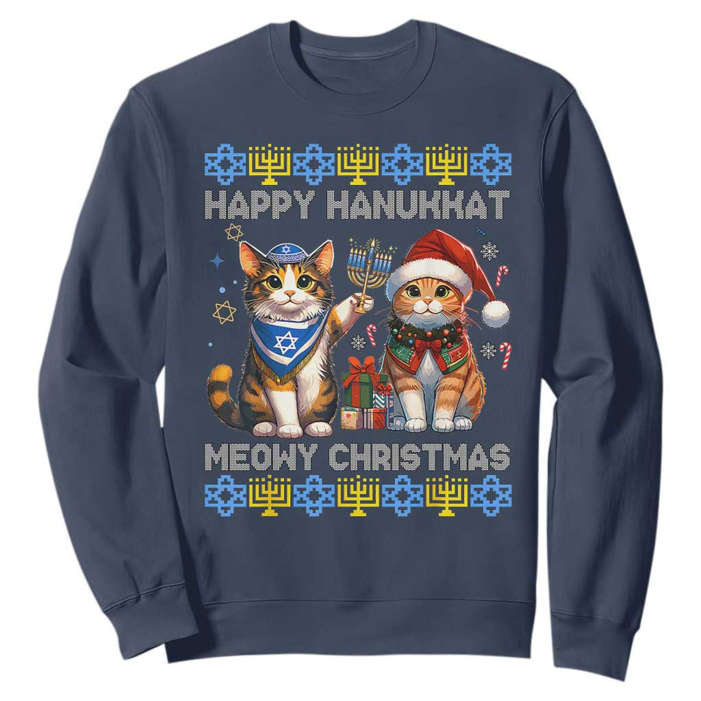 Cat Merry Christmas Happy Hanukkah Sweatshirt Jewish Christian Ugly Hanukkah TS10 Navy Print Your Wear