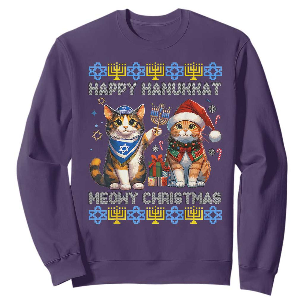 Cat Merry Christmas Happy Hanukkah Sweatshirt Jewish Christian Ugly Hanukkah TS10 Purple Print Your Wear