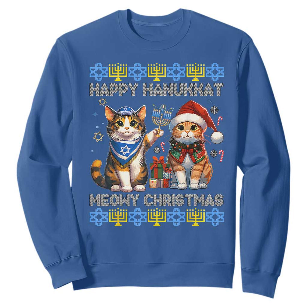 Cat Merry Christmas Happy Hanukkah Sweatshirt Jewish Christian Ugly Hanukkah TS10 Royal Blue Print Your Wear