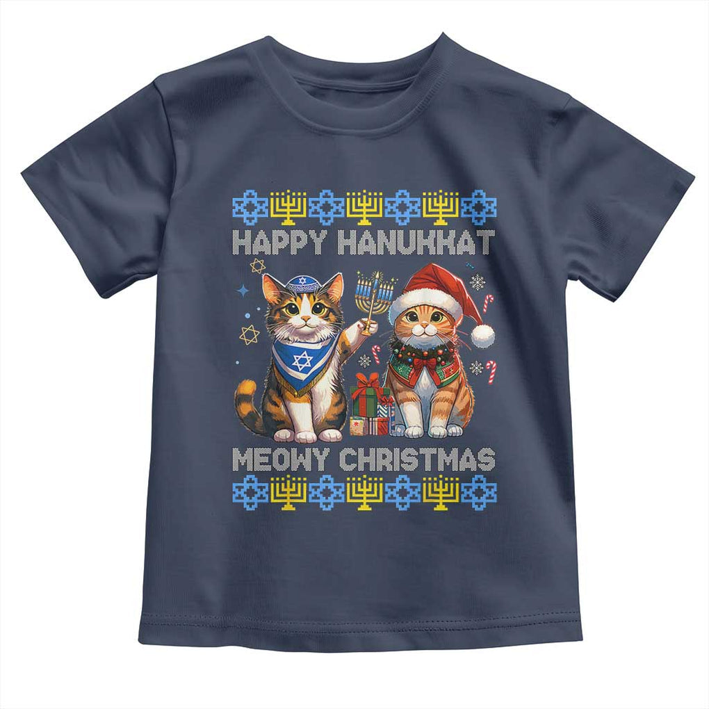 Cat Merry Christmas Happy Hanukkah Toddler T Shirt Jewish Christian Ugly Hanukkah TS10 Navy Print Your Wear