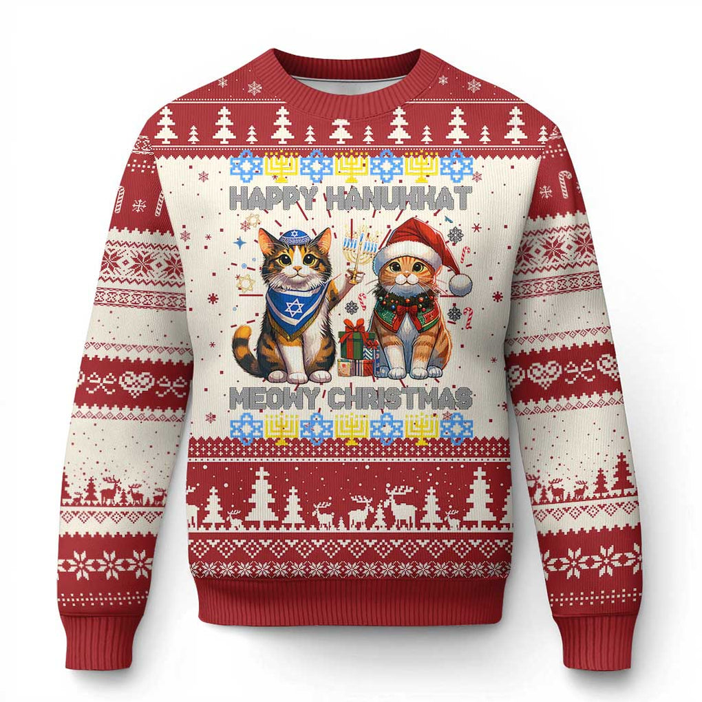 Cat Merry Xmas Happy Hanukkah Ugly Christmas Sweater Jewish Christian Ugly Hanukkah TS10 Red Print Your Wear
