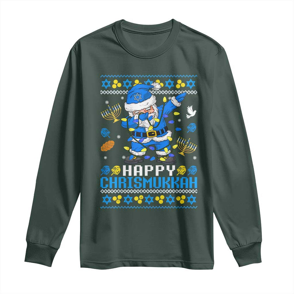 Happy Chrismukkah Merry Christmas Hanukkah Long Sleeve Shirt Dabbing Santa Ugly Chanukah Jewish TS10 Dark Forest Green Print Your Wear