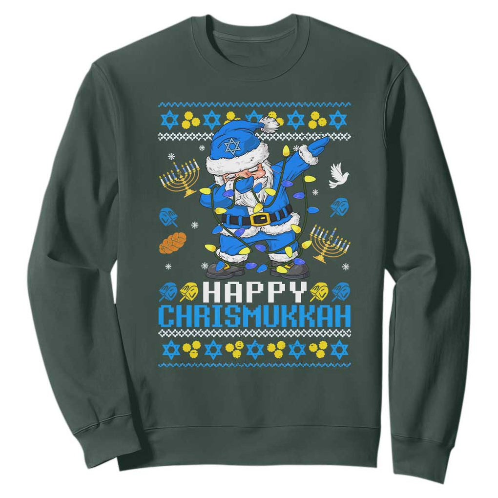 Happy Chrismukkah Merry Christmas Hanukkah Sweatshirt Dabbing Santa Ugly Chanukah Jewish TS10 Dark Forest Green Print Your Wear