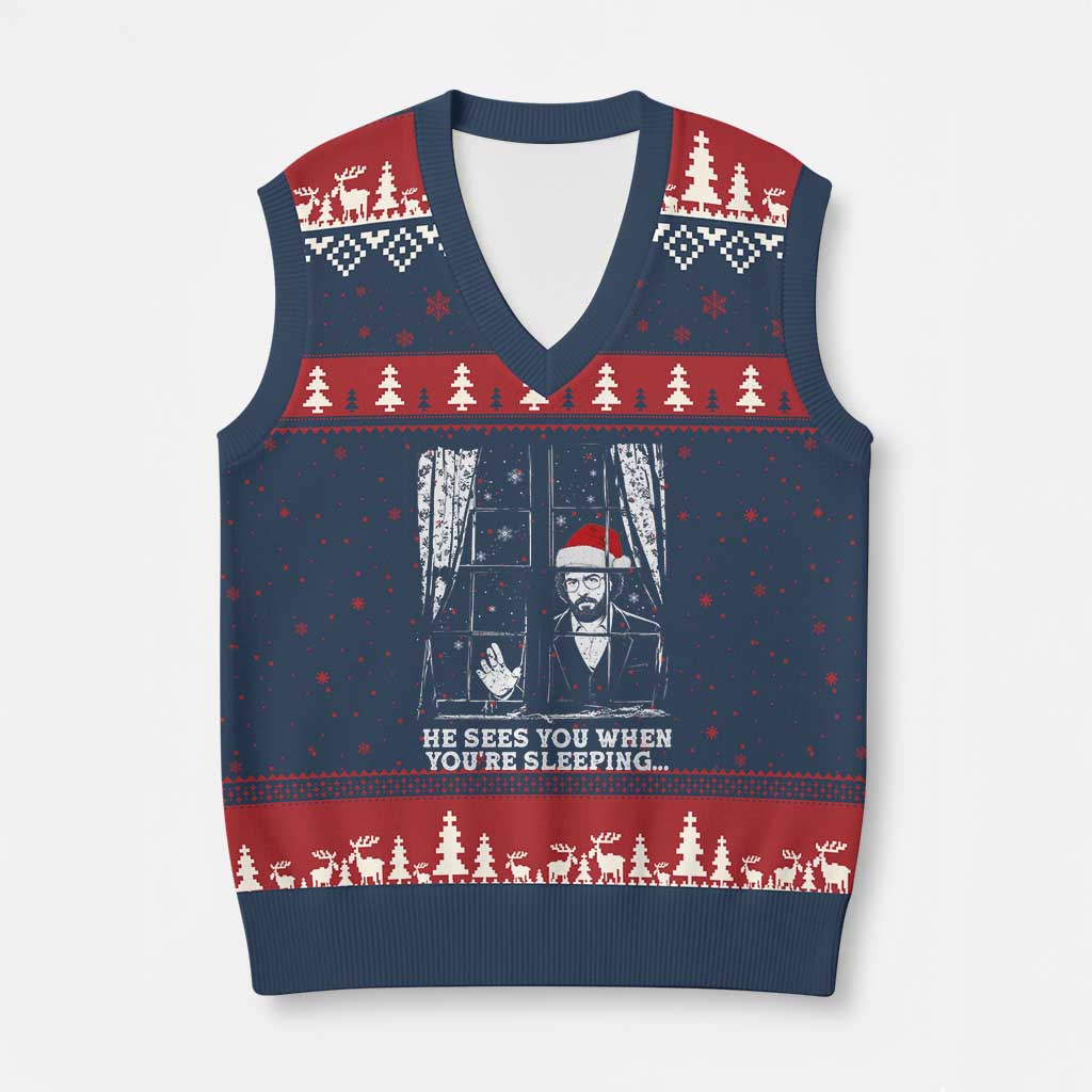 Stranger Xmas V-Neck Knit Sweater Vest Funny Murray He Sees You Vintage TS10 Navy Red Print Your Wear