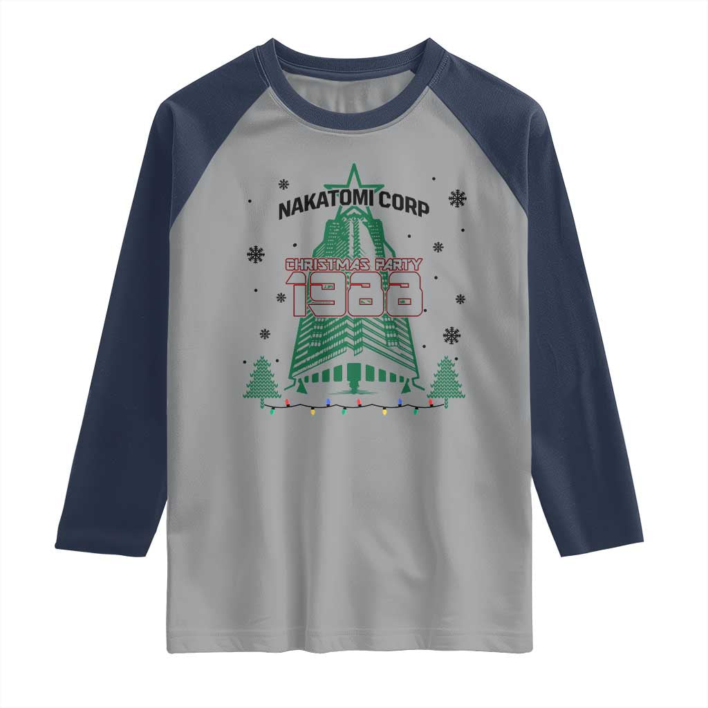 Vintage Nakatomi Plaza 1988 Christmas Party Raglan Shirt TS10 Sport Gray Navy Print Your Wear