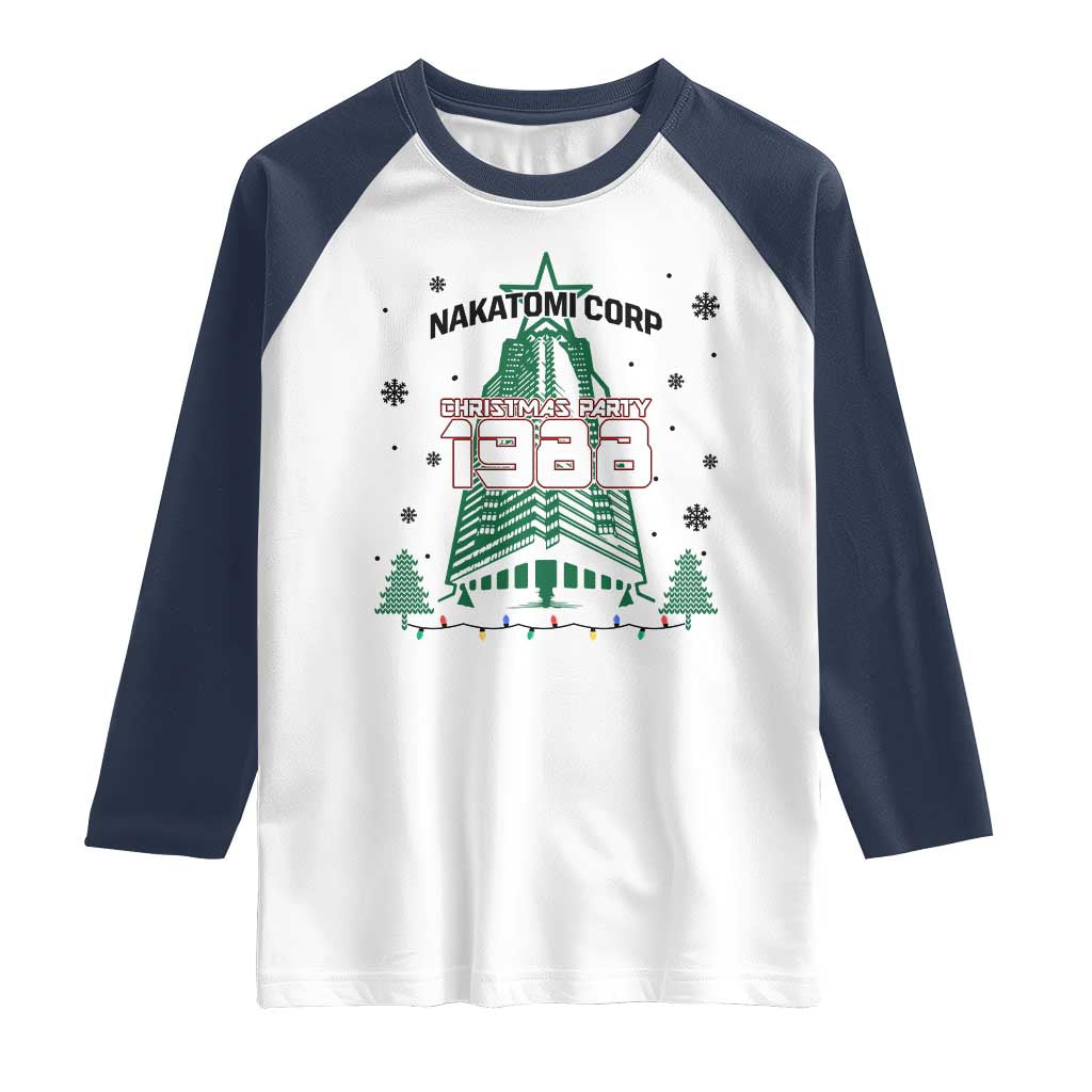 Vintage Nakatomi Plaza 1988 Christmas Party Raglan Shirt TS10 White Navy Print Your Wear