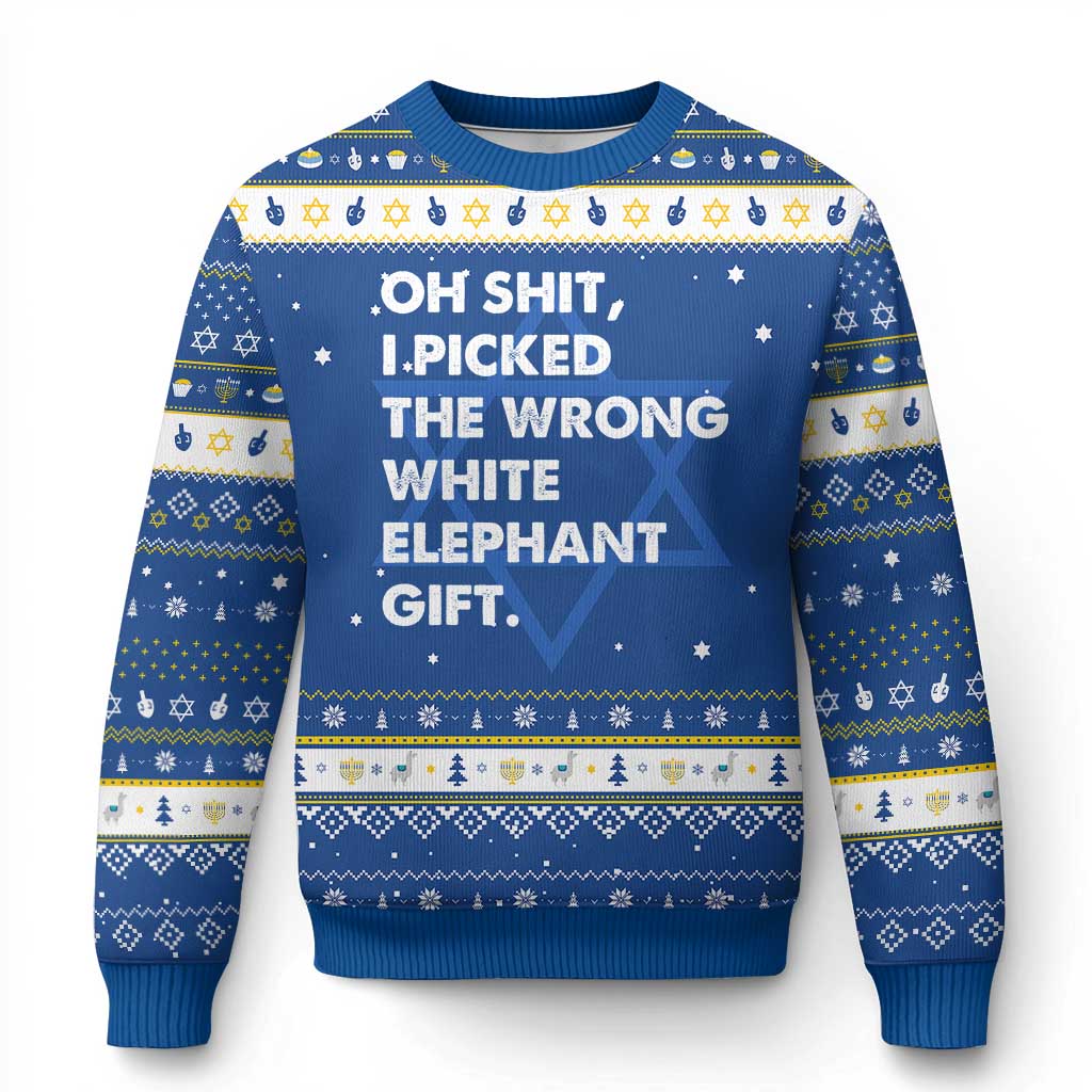 Oh Shit Funny White Elephant Gifts Hanukkah Ugly Sweater TS10 Blue White Print Your Wear