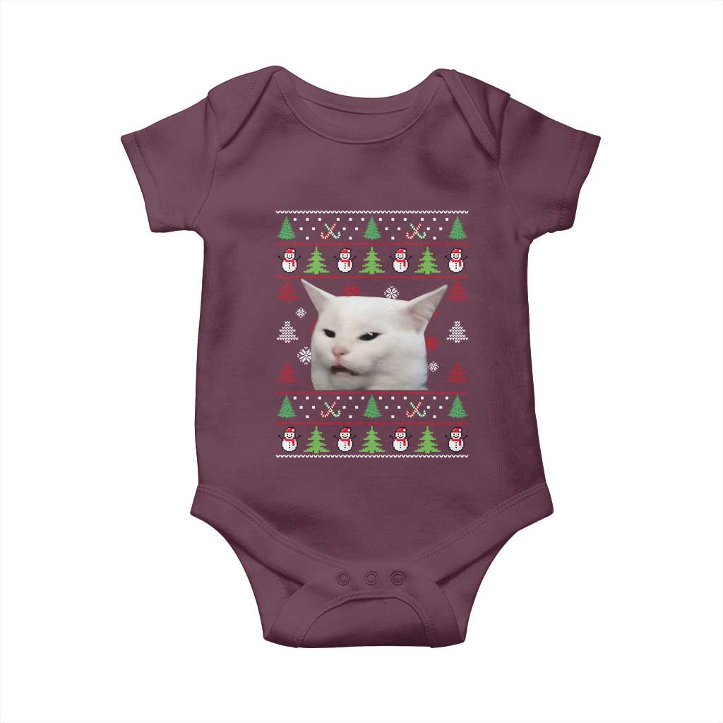 Woman Yelling At A Cat Ugly Christmas Baby Onesie Funny Cat Meme Matching Couple Christmas Pajama TS10 Maroon Print Your Wear