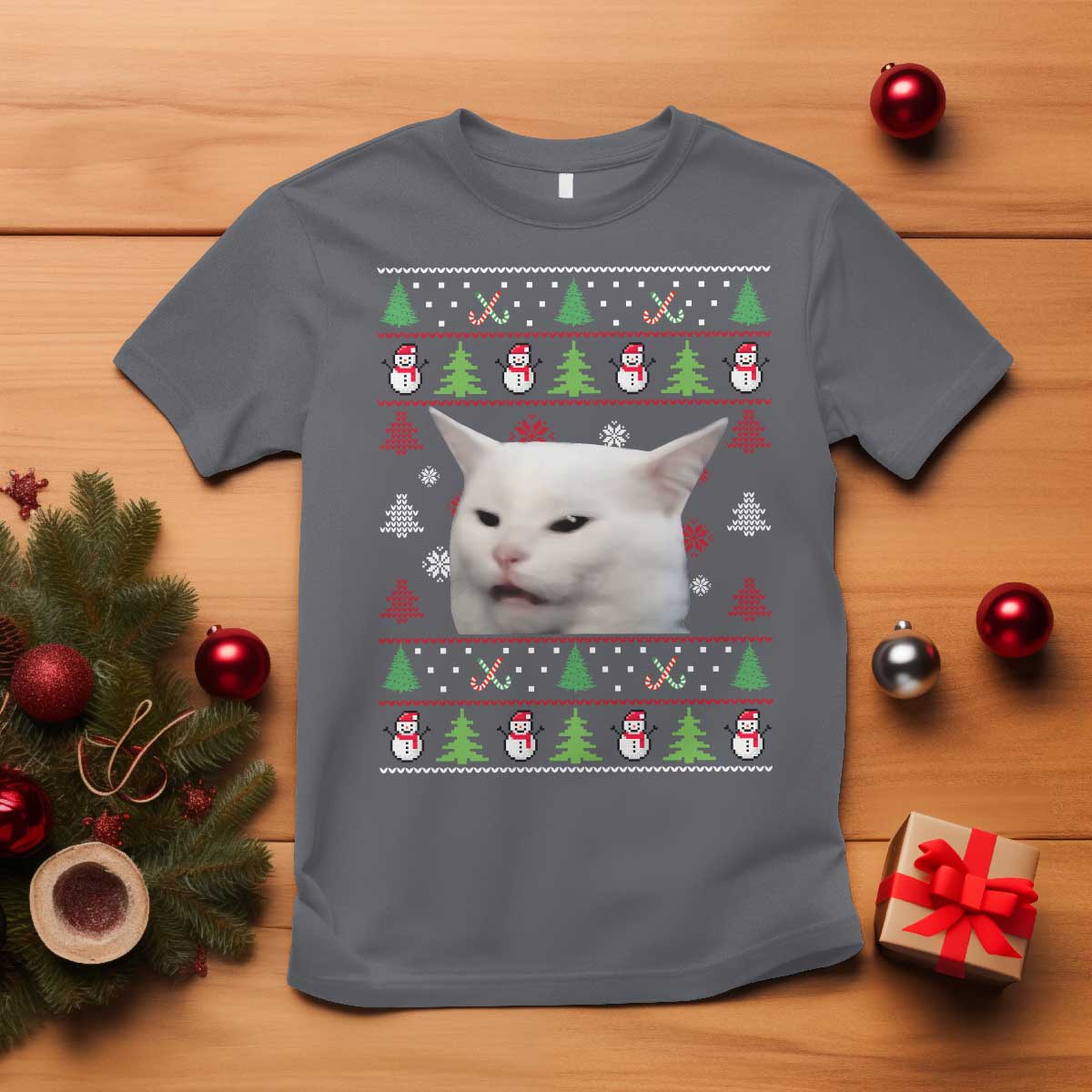 Woman Yelling At A Cat Ugly Christmas T Shirt Funny Cat Meme Matching Couple Christmas Pajama TS10 Charcoal Print Your Wear