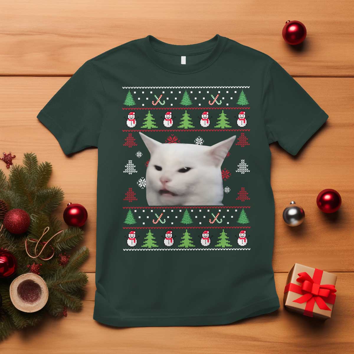 Woman Yelling At A Cat Ugly Christmas T Shirt Funny Cat Meme Matching Couple Christmas Pajama TS10 Dark Forest Green Print Your Wear