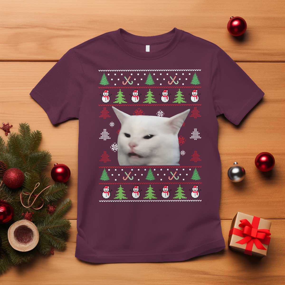 Woman Yelling At A Cat Ugly Christmas T Shirt Funny Cat Meme Matching Couple Christmas Pajama TS10 Maroon Print Your Wear