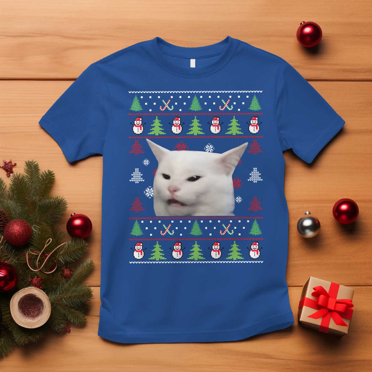 Woman Yelling At A Cat Ugly Christmas T Shirt Funny Cat Meme Matching Couple Christmas Pajama TS10 Royal Blue Print Your Wear